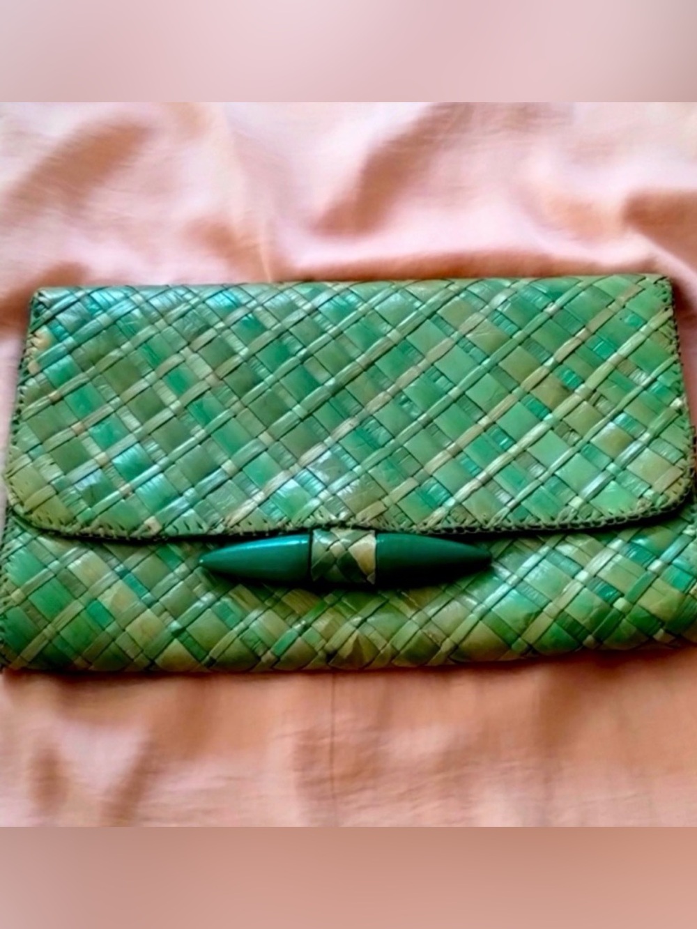 VANESSA Bag FASHION IMPORTS USA Vintage Clutch Woven Wood Green Tan 11” x 7”